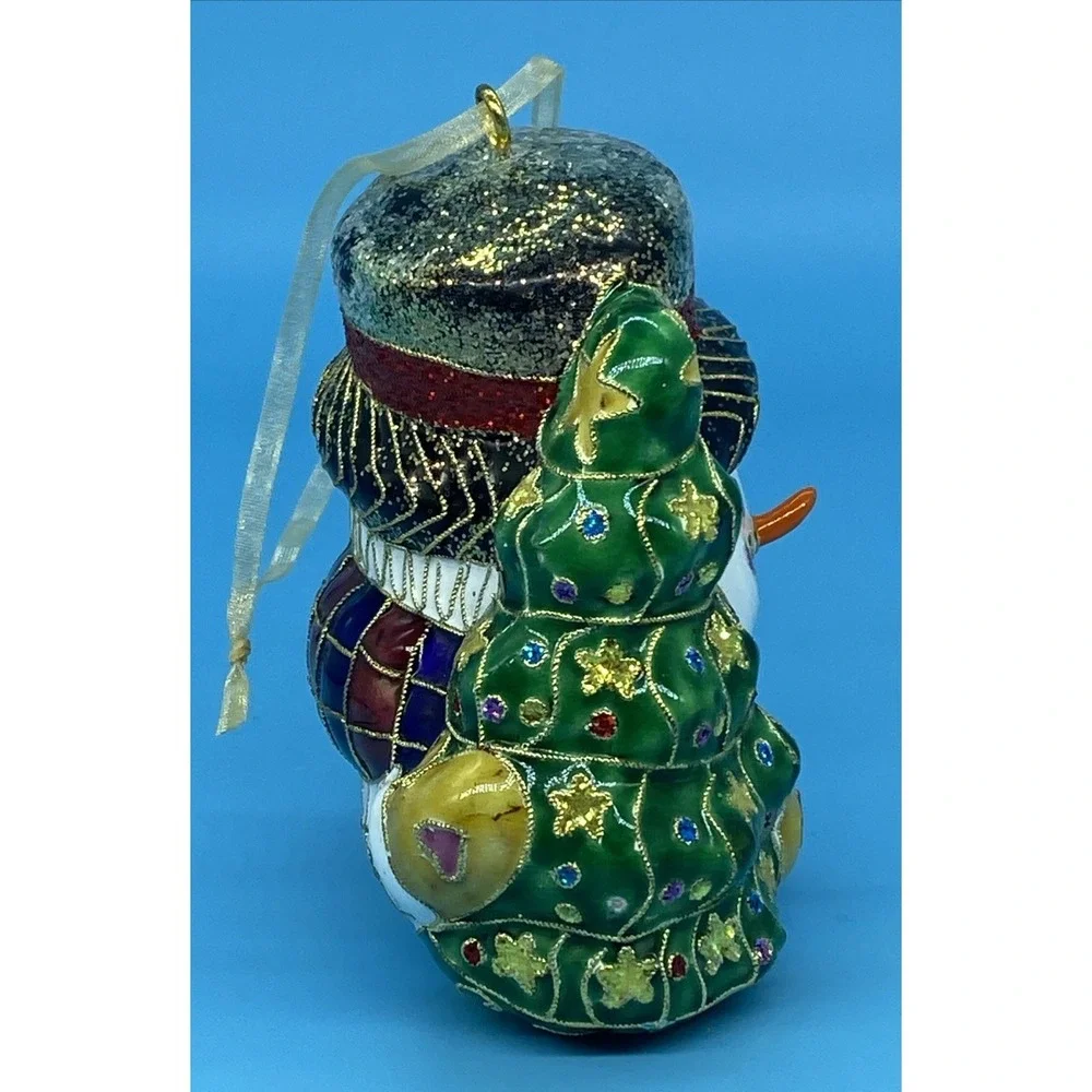 Hand Painted Cloisonne, Bkd Enamel SNOWMAN Ornament W/Xmas Tree/ Hat/Carrot Nose